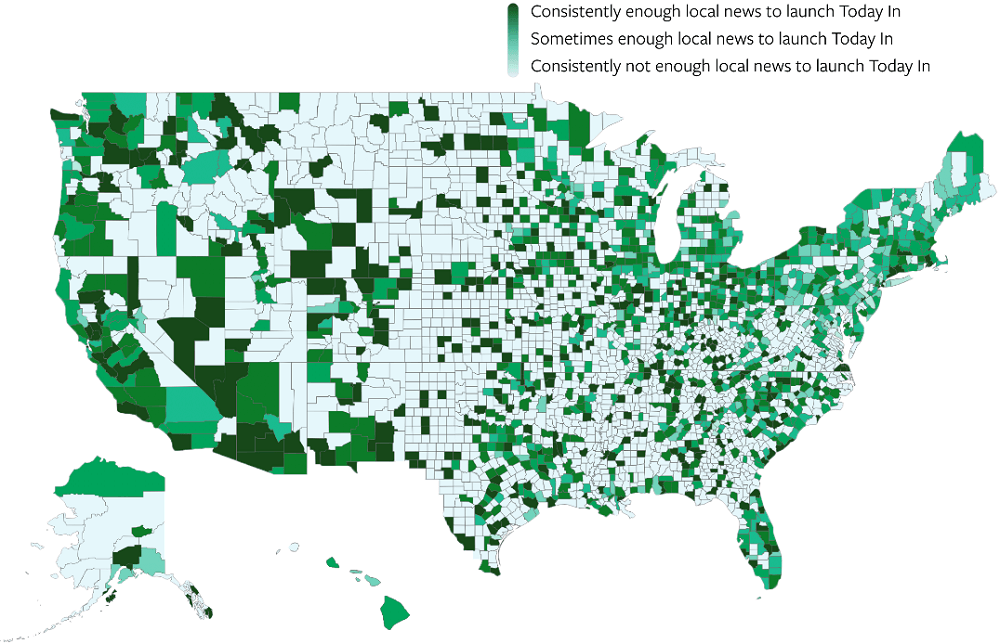 map of the United States with shades of green indicating how much news is published in each area, as published by Facebook in reference to its Today In news service