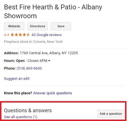 Google My Business listing for Best Fire Hearth & Patio with Google Questions and Answers section below Knowledge Graph Panel