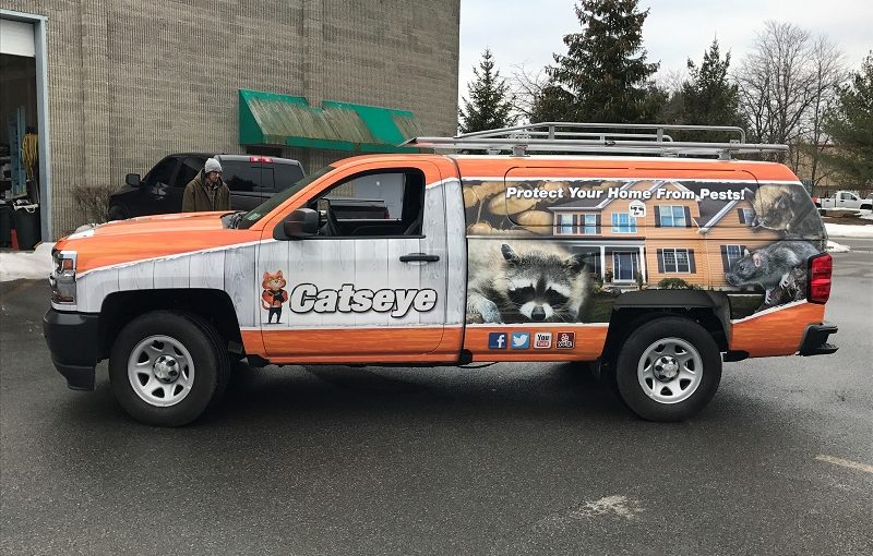 commercial truck with a full vehicle wrap displaying bright colors, brand logo, and a design of a home with nuisance wildlife