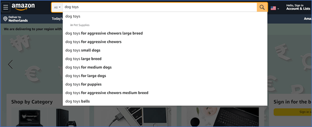 screenshot of autofill keyword ideas on Amazon for a search of dog toys