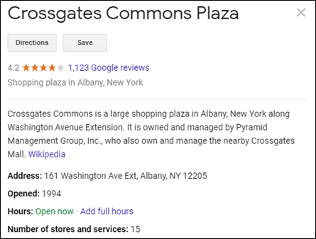 Google My Business listing showing important details like address and hours