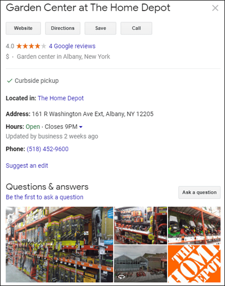 Google My Business listing for The Home Depot Garden Center giving location information and phone number