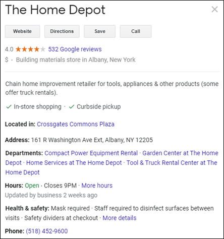 Google My Business for The Home Depot showing location, hours, and COVID-19 safety protocols  