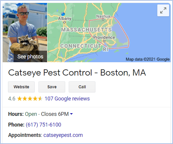 Google My Business listing for Catseye Pest Control’s Boston, Massachusetts branch highlighting service area and reviews
