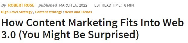 gray text indicating how estimated read time next to an orange-colored byline 