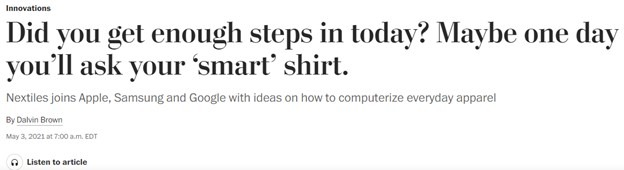black-colored headset icon for audio option beneath a gray-colored byline of an article
