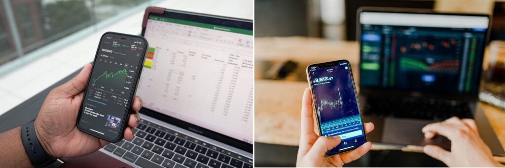 two adult hands holding cellphones checking the stock market