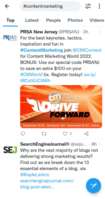image showing Twitter search results for the hashtag #contentmarketing