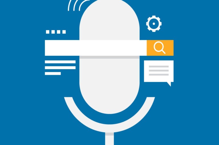 image of a gray microphone behind a white and yellow search bar
