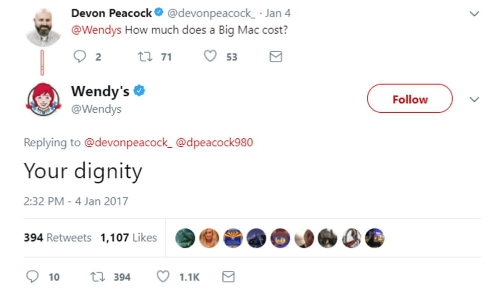 screenshot of a Tweet from Wendy’s responding to a question from another Twitter user