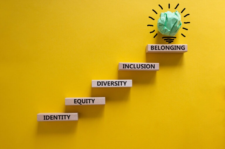 five wooden blocks with the words identity, equity, diversity, inclusion, belonging on a yellow background