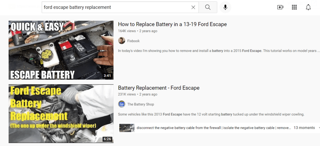 youtube video results showing videos of how to replace a battery in a ford escape 