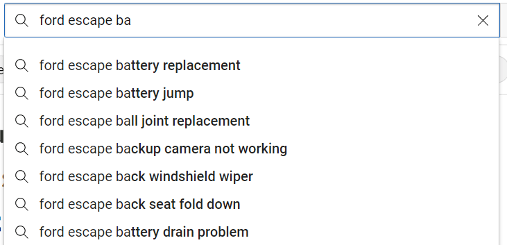 youtube autogenerated search results showing ford escape battery replacement search queries