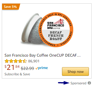 Amazon product ad showing San Francisco Bay decaf coffee and a yellow button