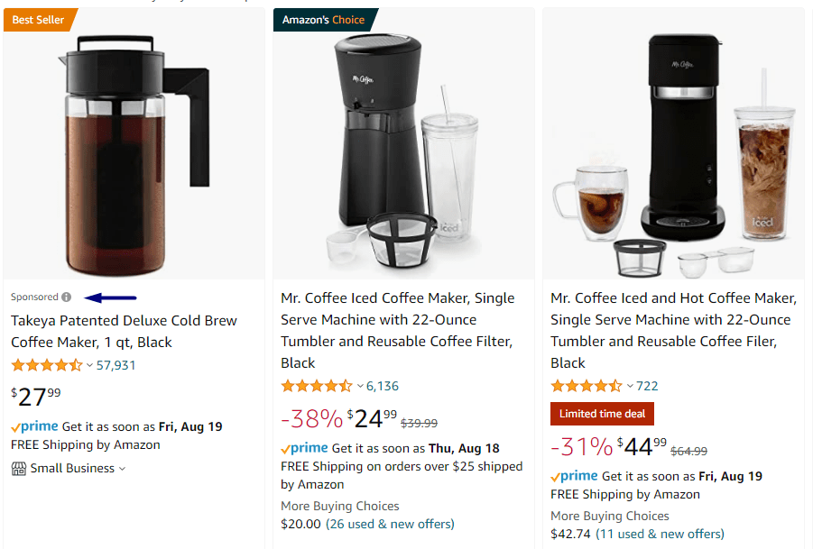 Amazon shopping result showing three black coffee makers