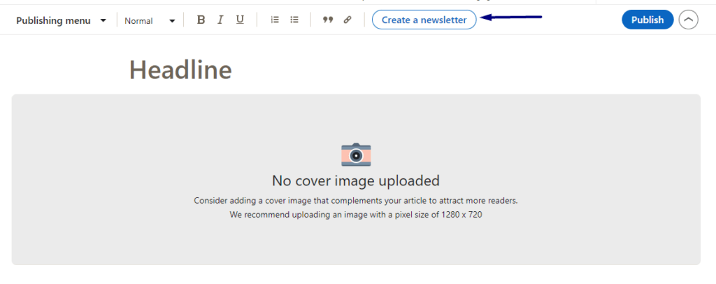 Publishing menu of LinkedIn showing where an admin can create a newsletter