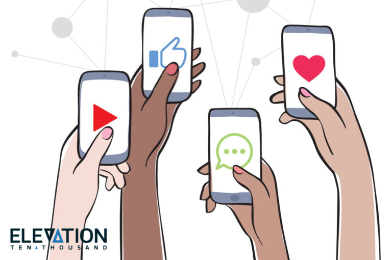 cartoon hands holding smartphones engaging in online communities