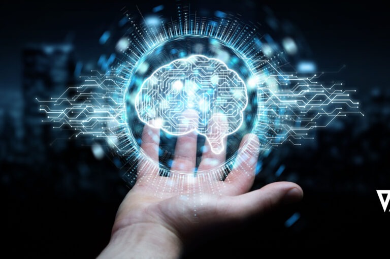 hand holding projection of artificial intelligence