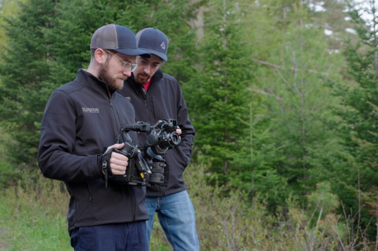 two videographers viewing captured footage on camera with trees in the distance