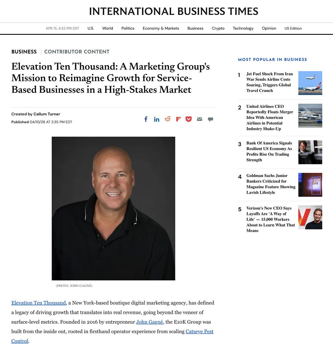 Elevation Ten Thousand featured in the International Business Times.